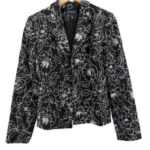 Jones New York Signature Womens 8 Black White Floral Embroidered Linen Blazer‎
